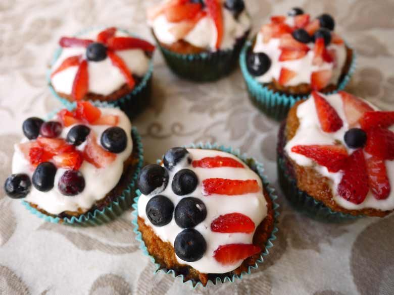 4th of July Menu: Cherry-Vanilla Muffins w/ Whipped Cream & Berries (paleo, GF)