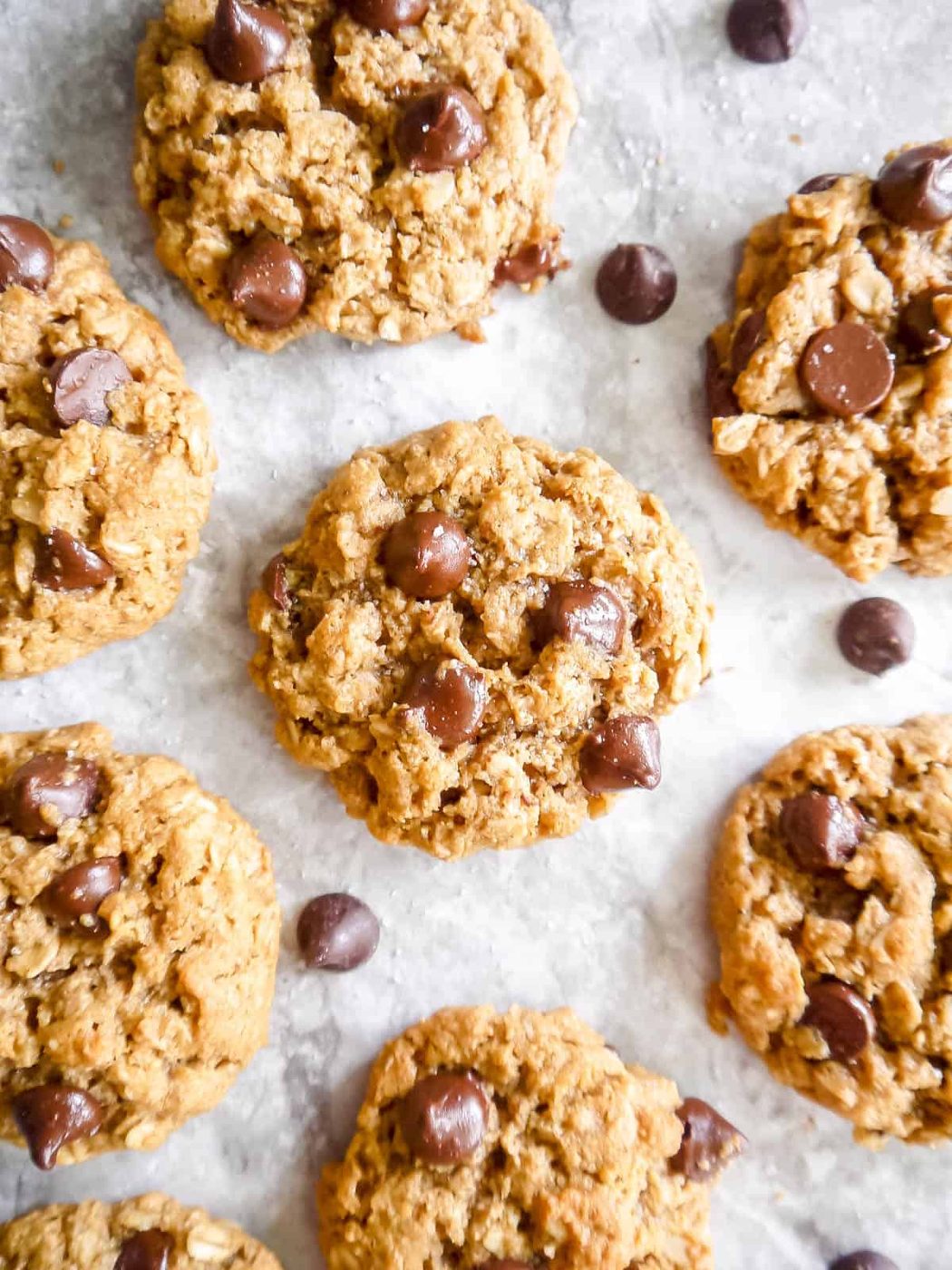 Aerial view of almond butter oatmeal cookies.