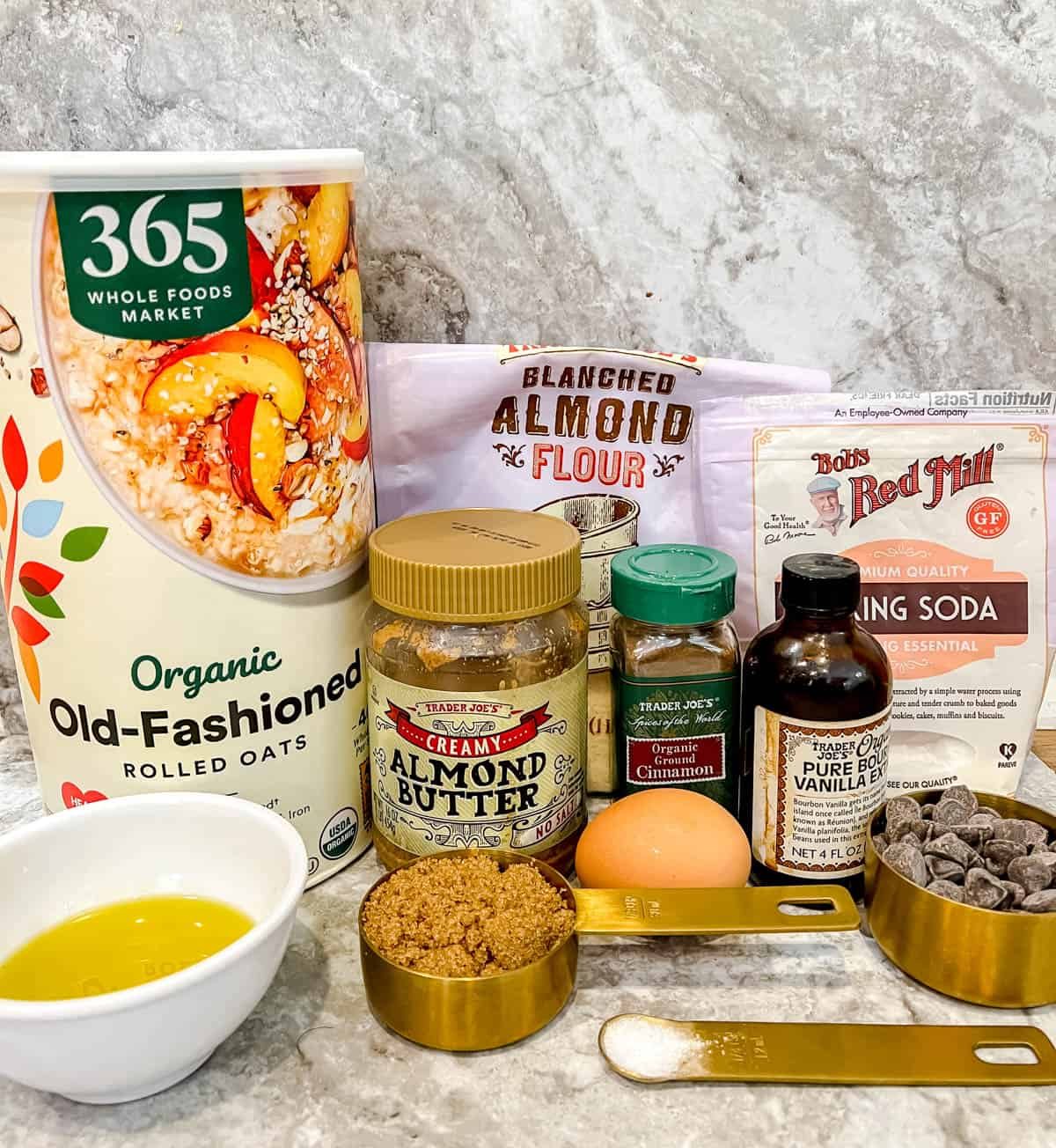 Ingredients needed to make almond flour oatmeal cookies.