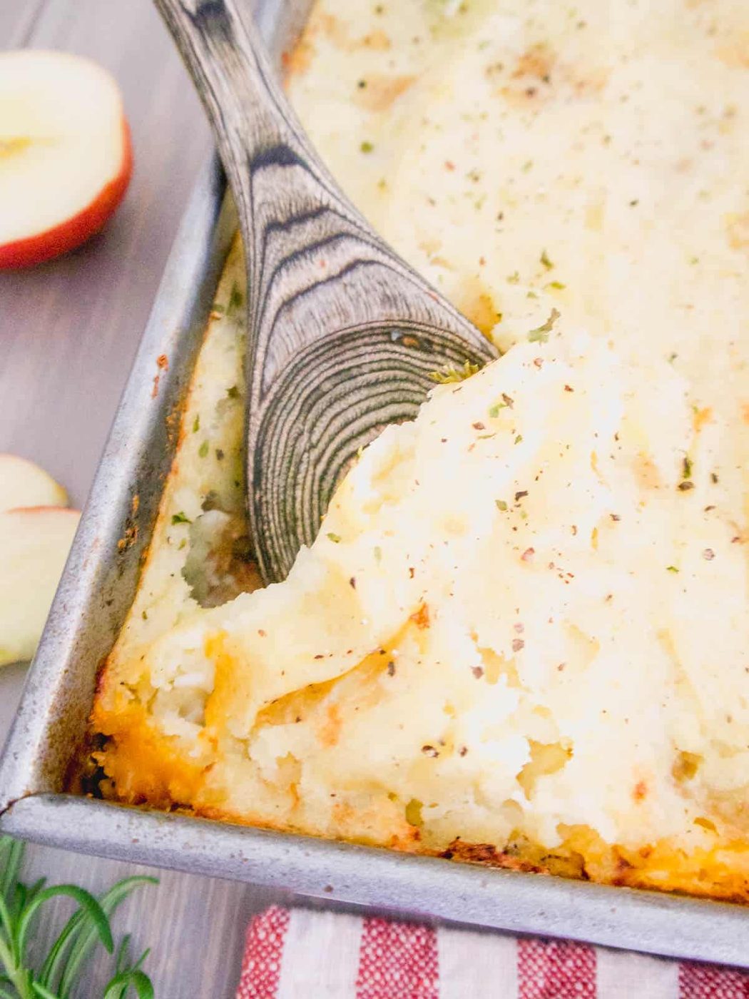 Lighter turkey shepherd's pie with a spoon in the dish.