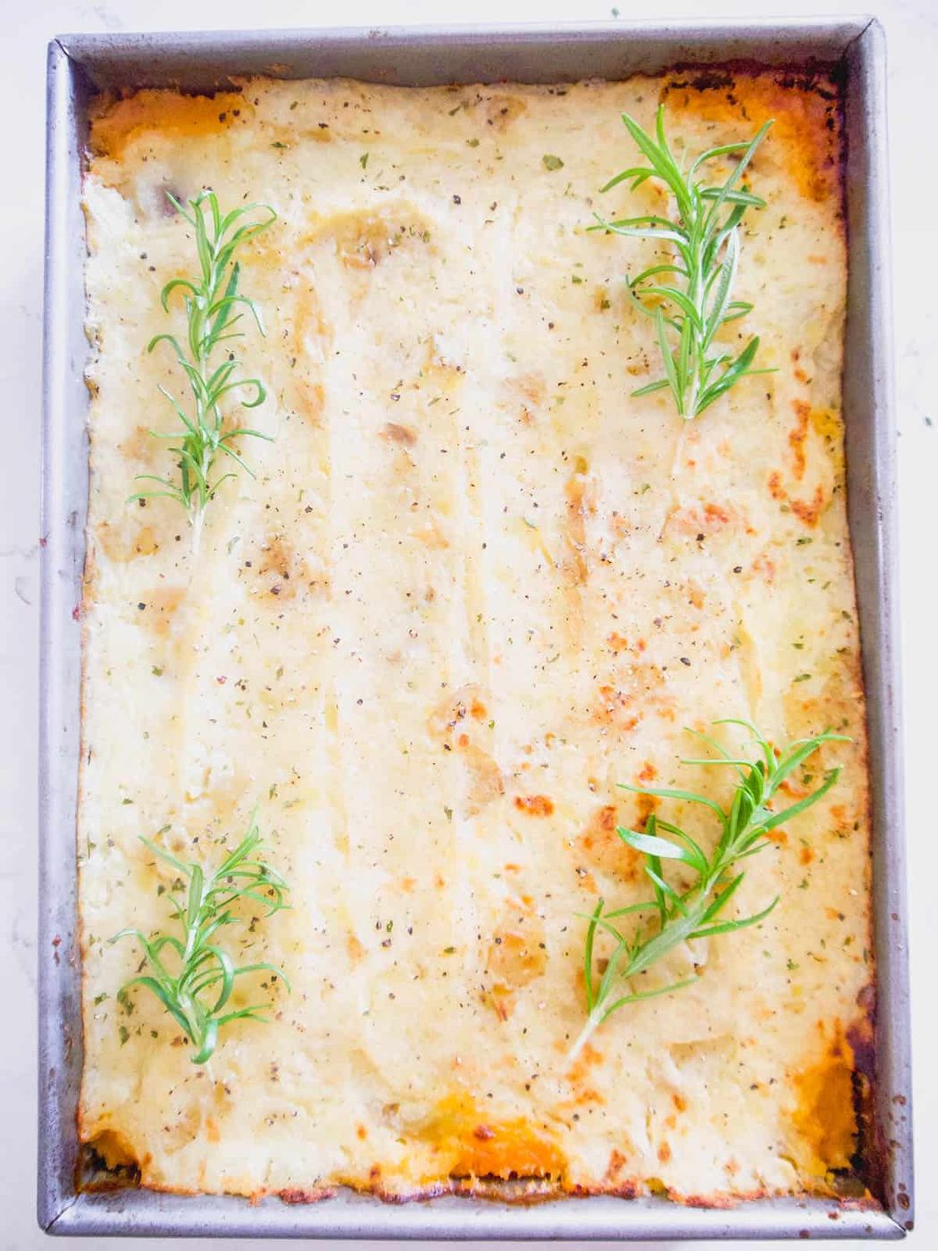 Ground turkey shepherd's pie freshly baked.