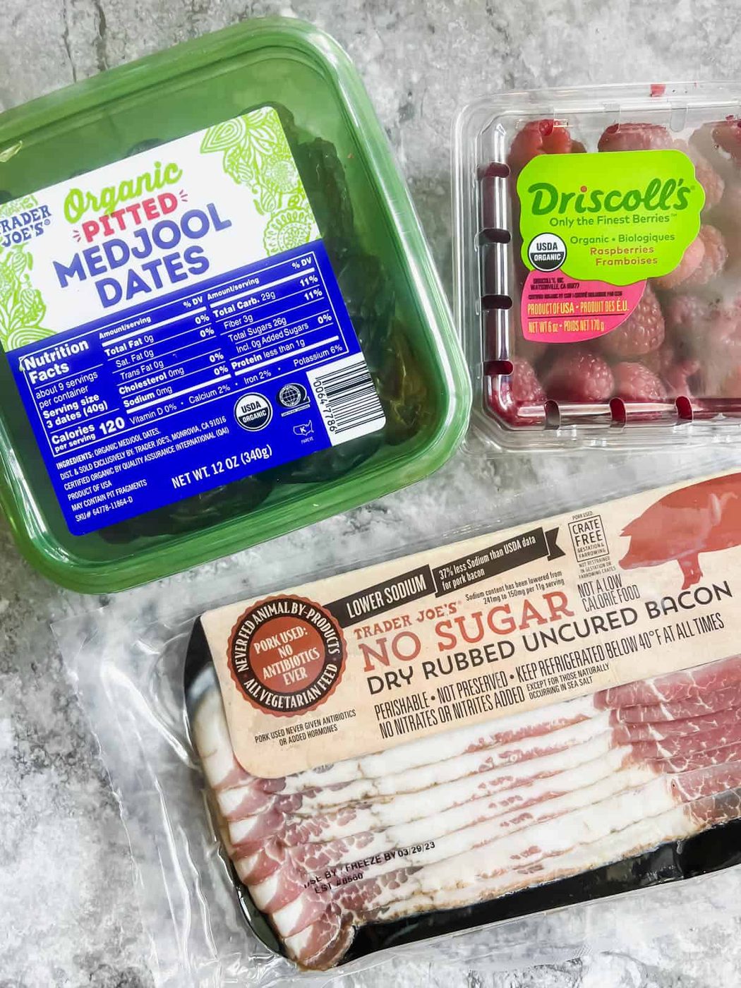 Ingredients needed to make raspberry stuffed dates wrapped in bacon.