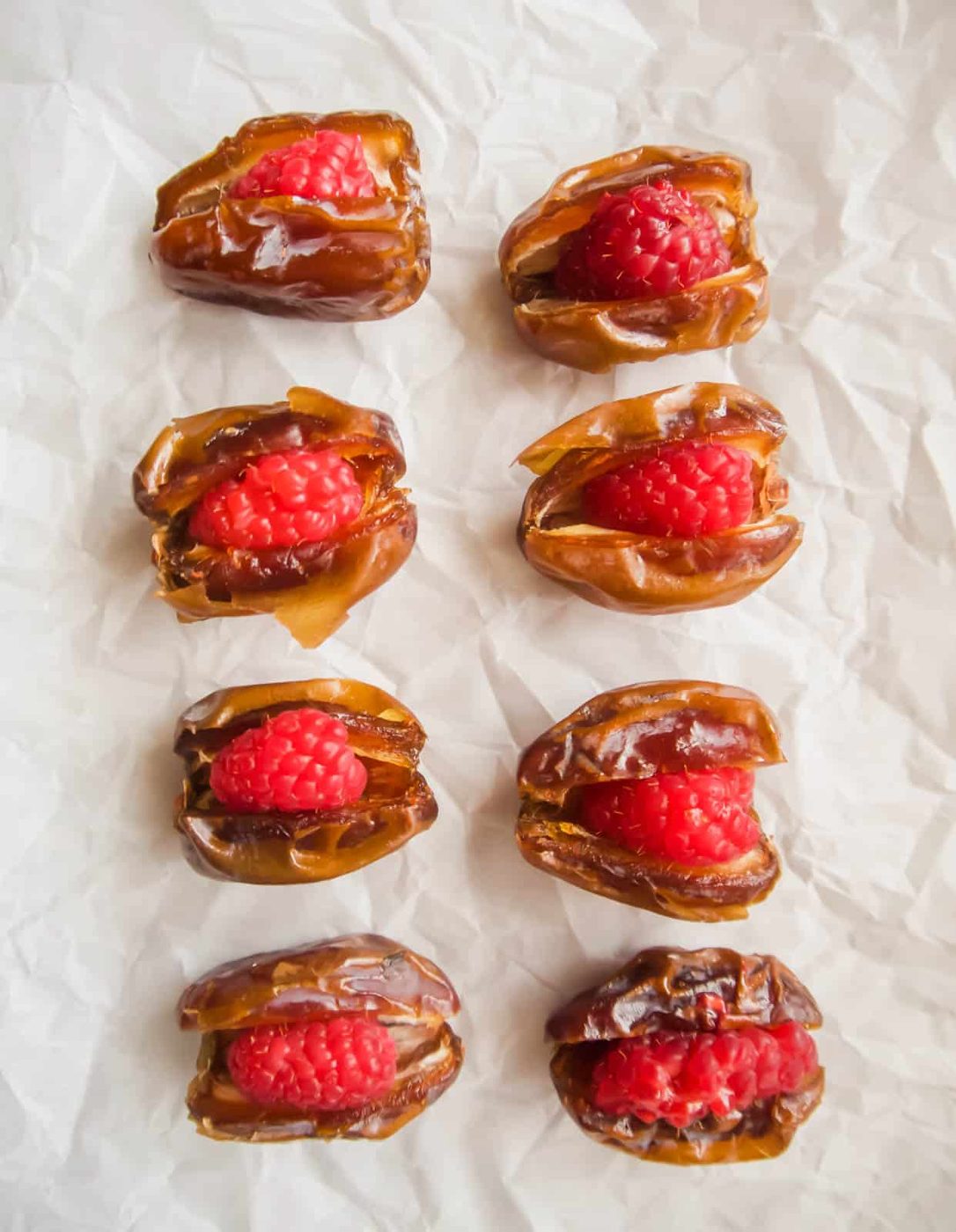 Dates stuffed with raspberries.