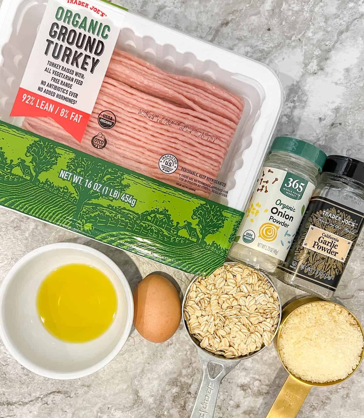 Ingredients needed to make turkey gluten free meatballs.