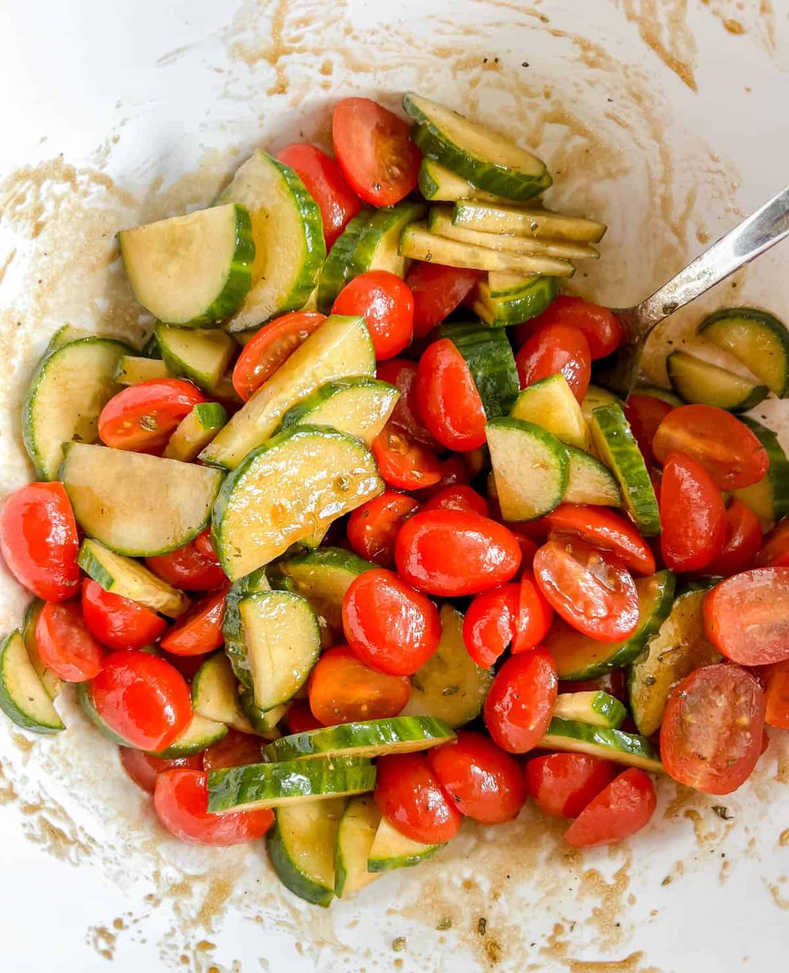 Balsamic tomato cucumber salad in a bowl.