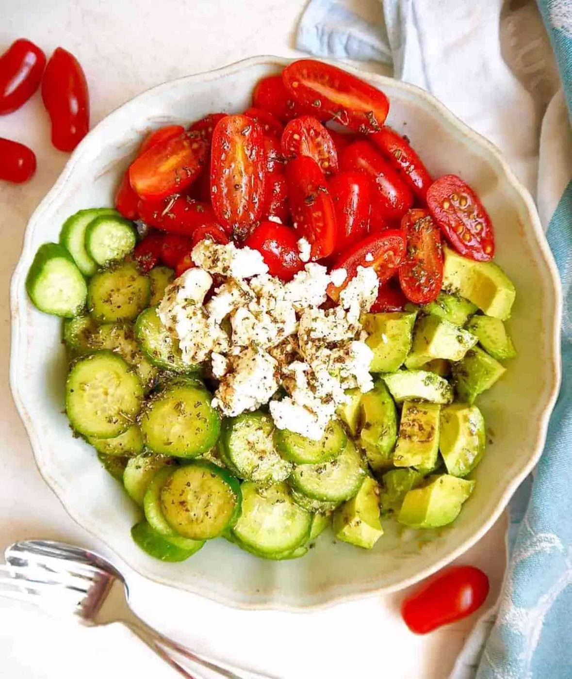 Balsamic Dressing: Tomato Avocado Cucumber and Goat Cheese Salad