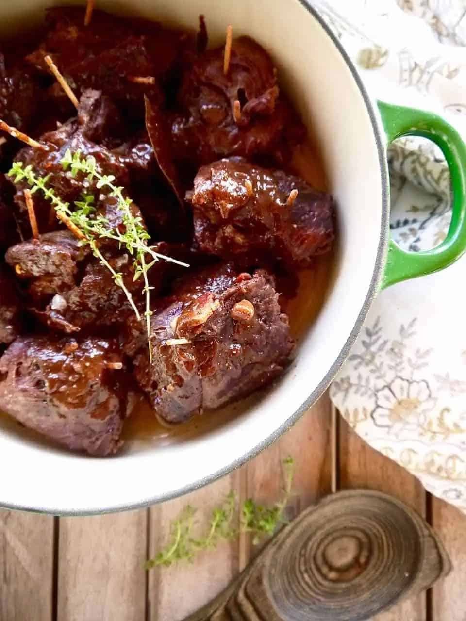 Beef roll ups with bacon and onion freshly cooked.