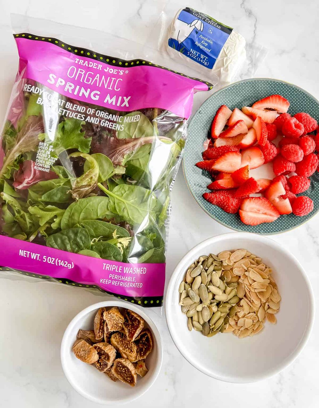 Ingredients needed to make Berry and Fig Salad with Goat Cheese.