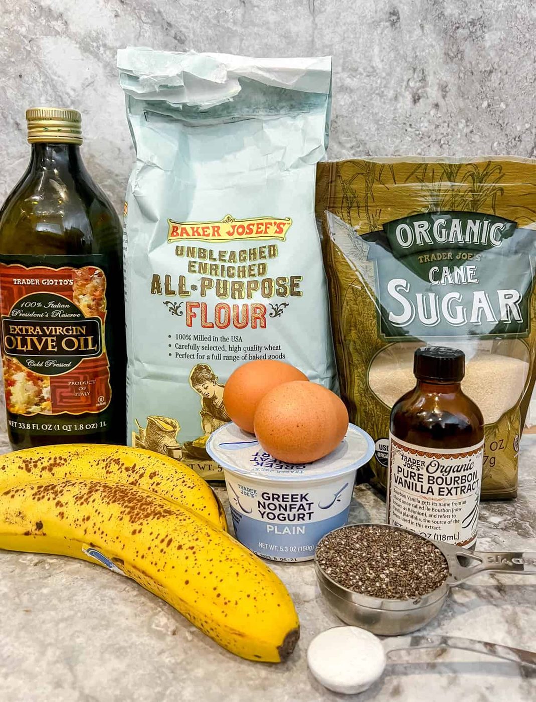 Ingredients needed to make chia seed banana bread with blueberries.