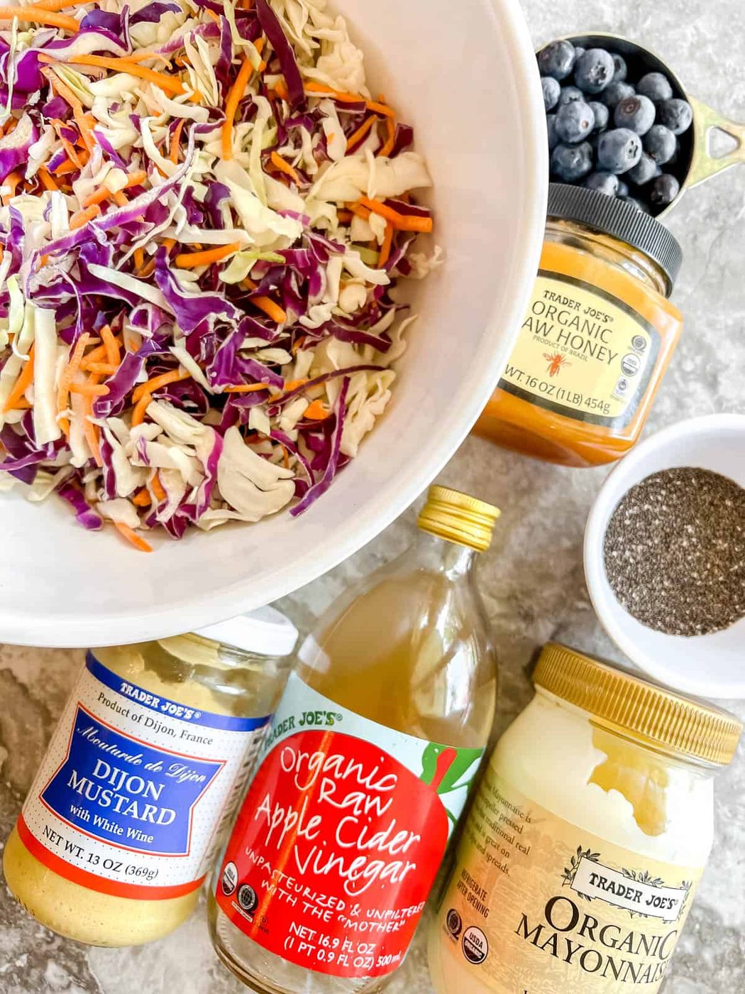 Ingredients needed to make lighter blueberry coleslaw.