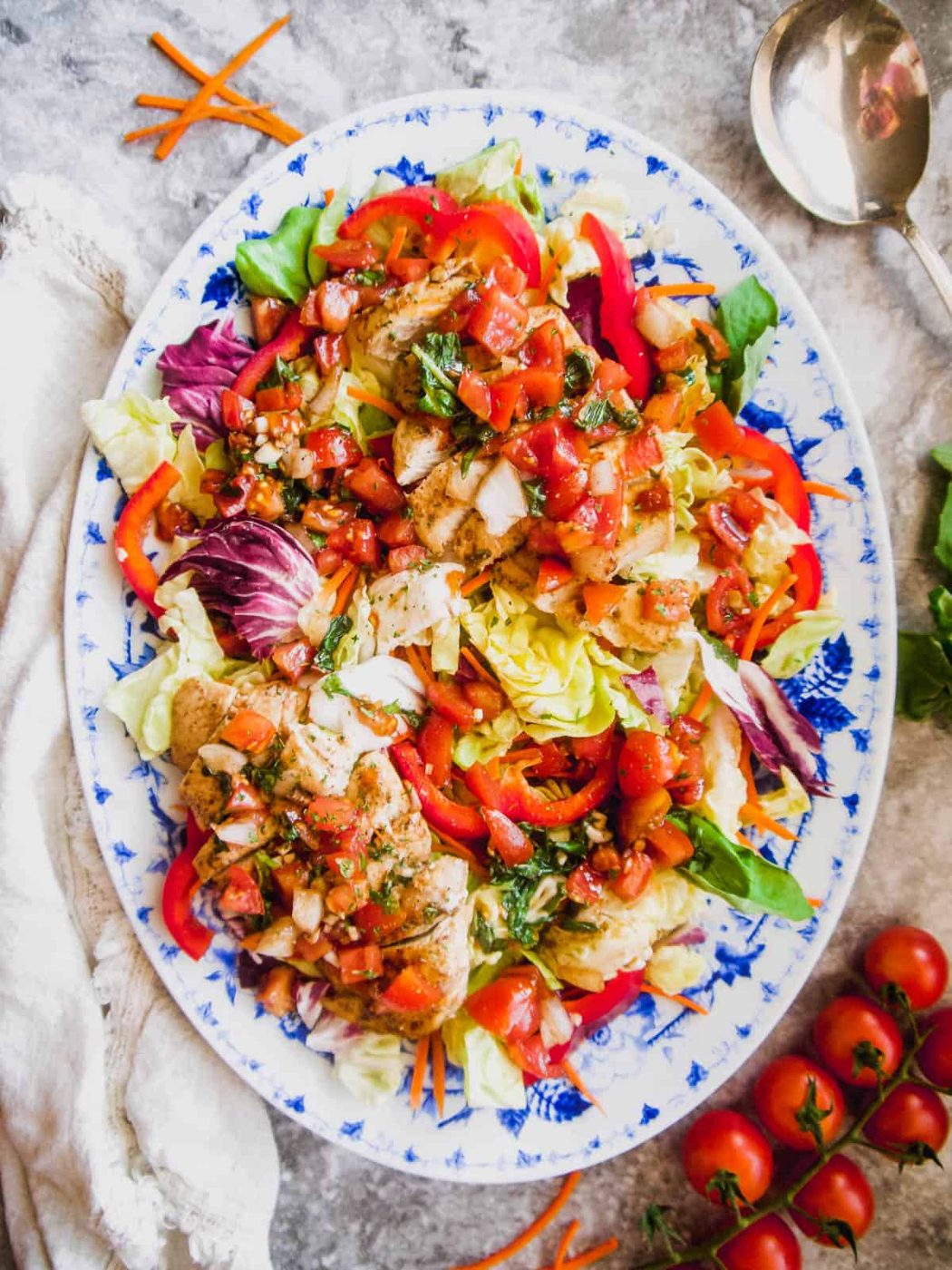 Bruschetta with chicken recipe on a large serving plate.