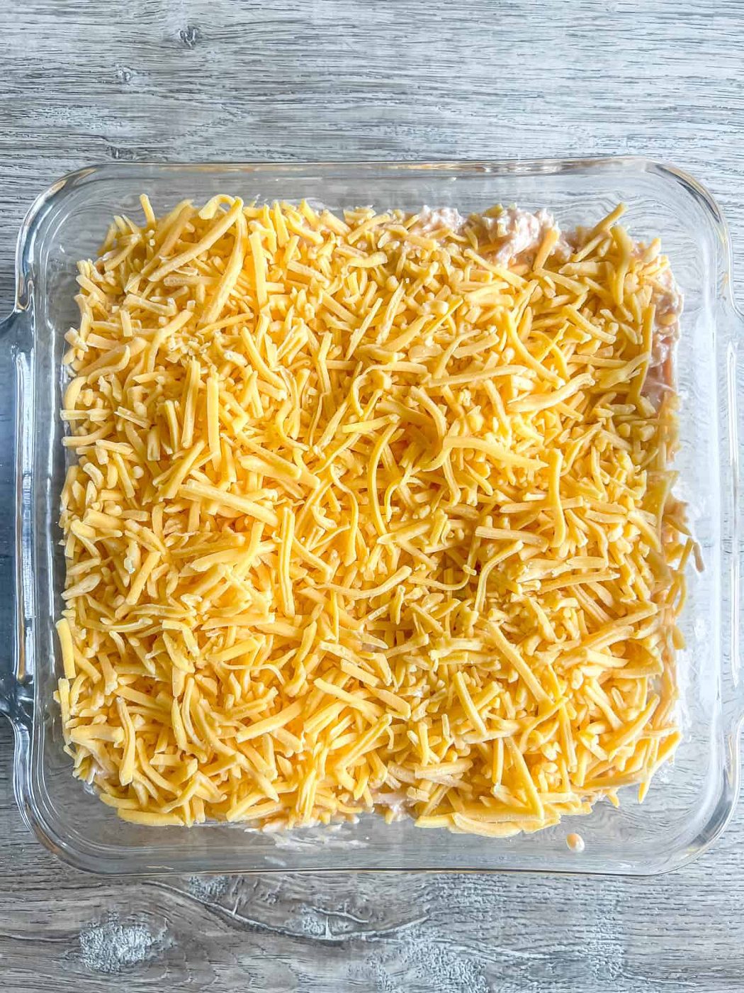 Buffalo chicken dip before baking.