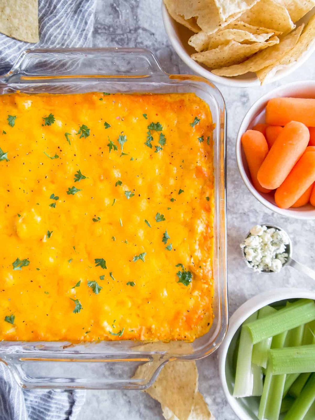 Buffalo chicken dip with canned chicken after being baked in the oven.