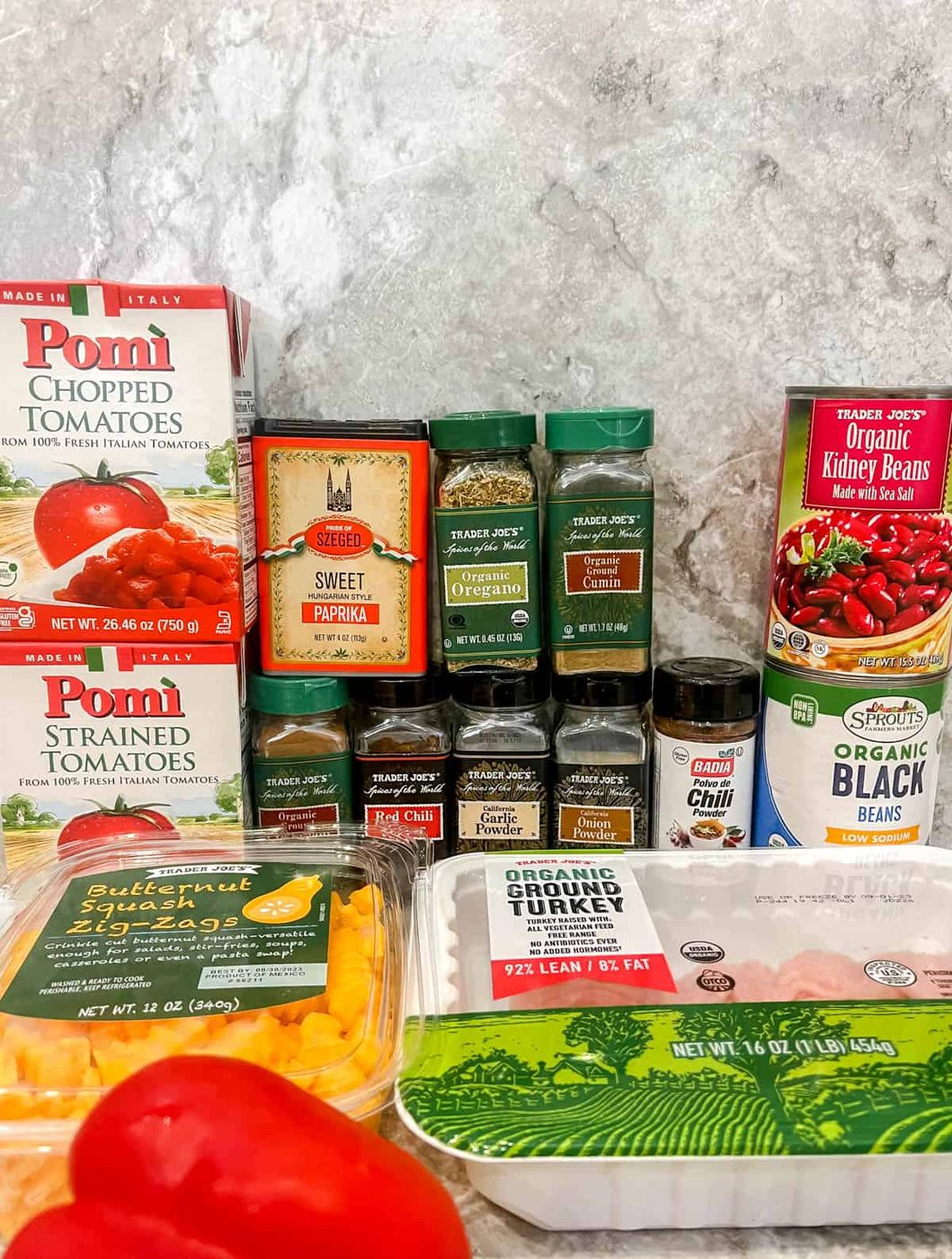 Ingredients needed to make butternut squash turkey chili.