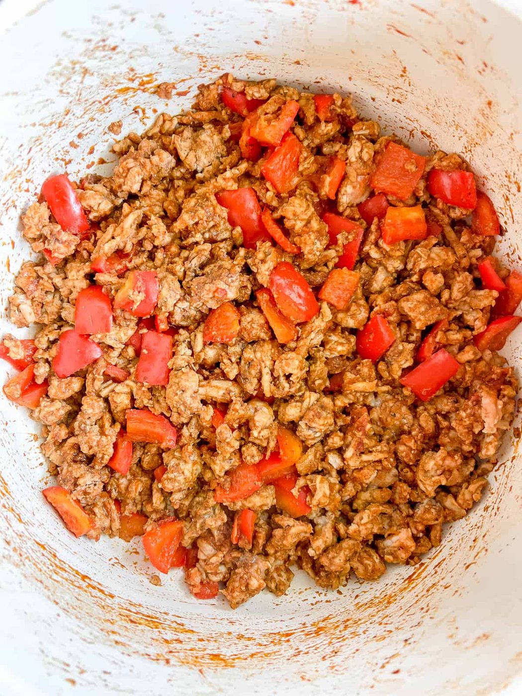 Browned turkey with bell pepper.