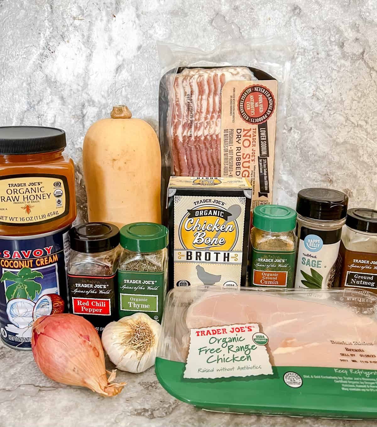 Ingredients needed to make butternut squash and chicken soup.