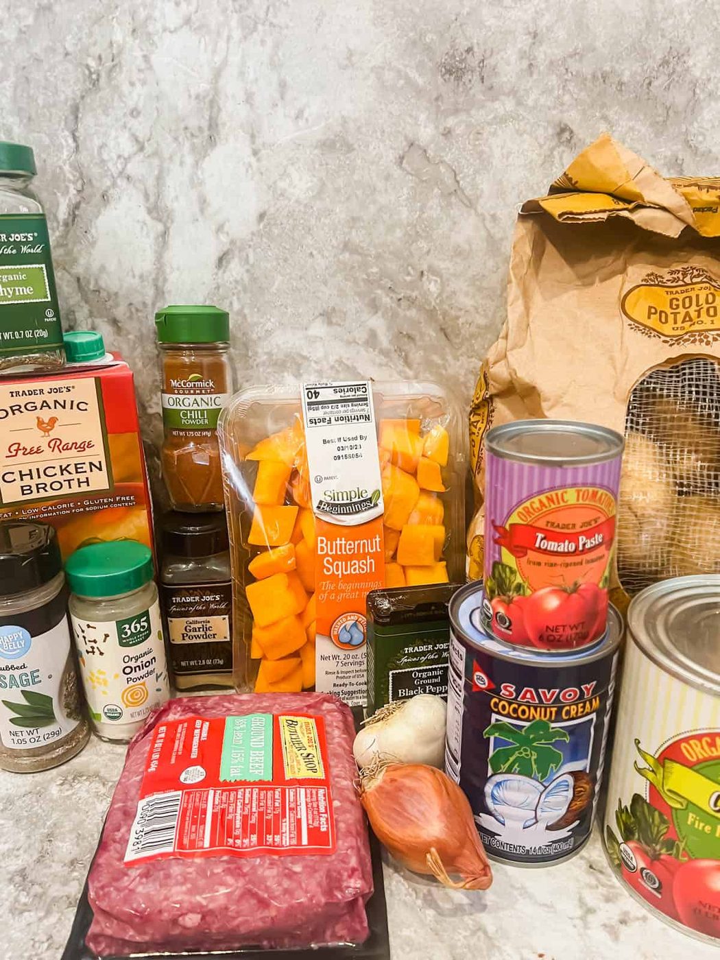Ingredients needed for butternut squash shepherd's pie.