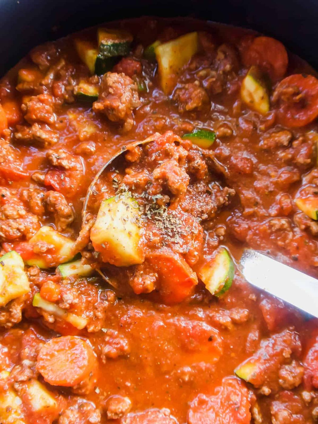 Lighter Meat Sauce with Carrots and Zucchini in a large pot.