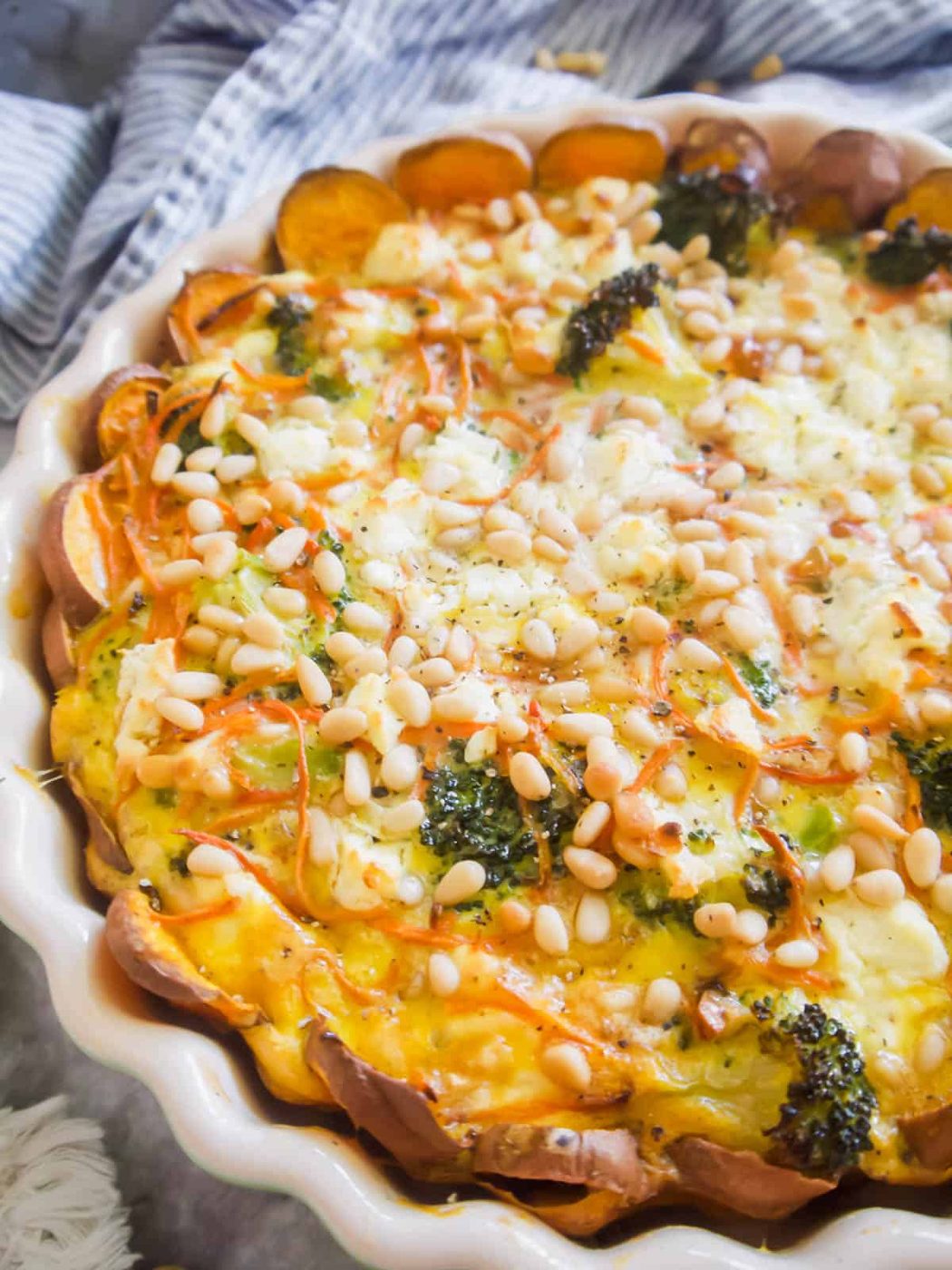 Broccoli Carrot Goat Cheese Quiche with a Sweet Potato Crust, Gluten free