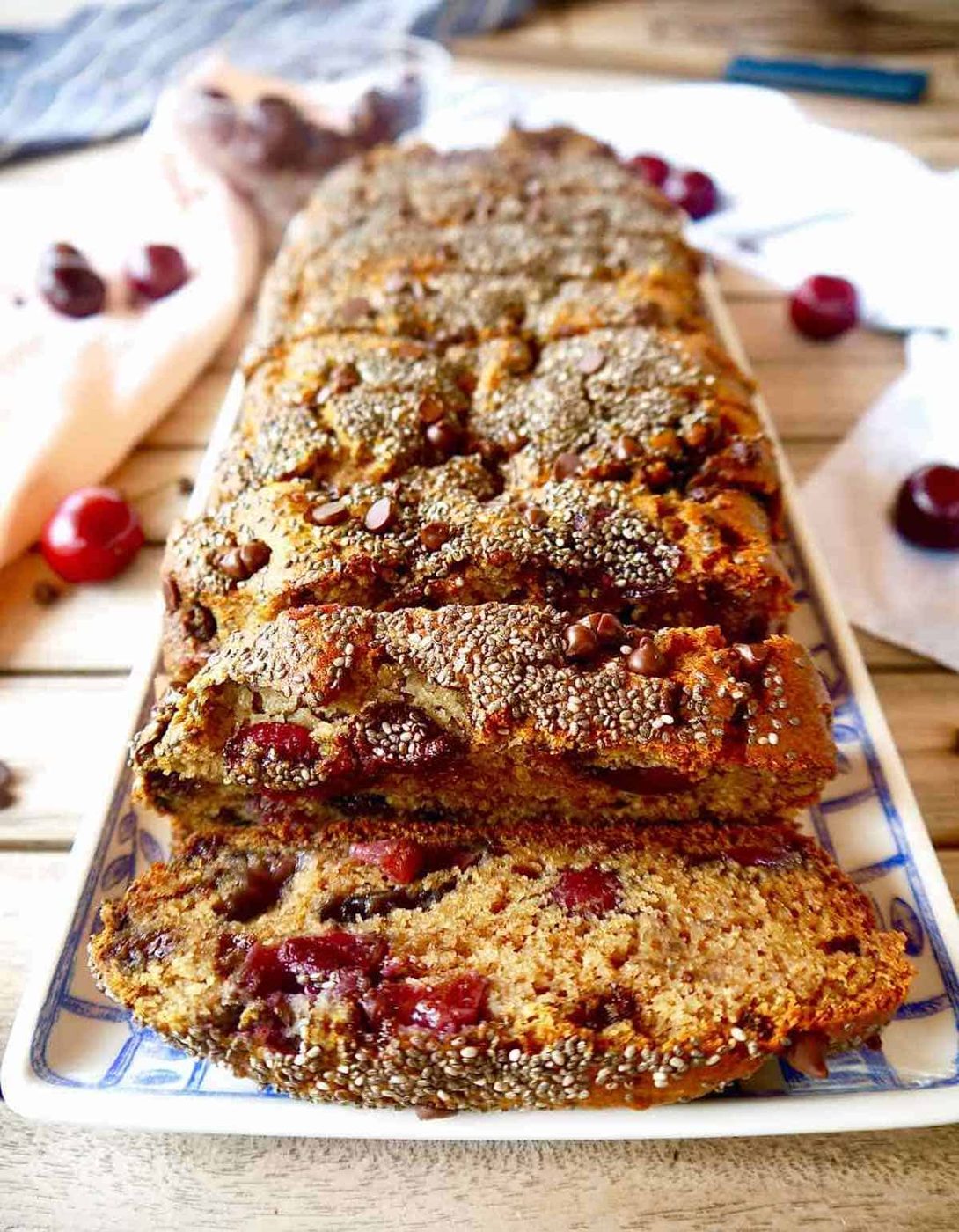 Freshly sliced Paleo cherry banana bread.