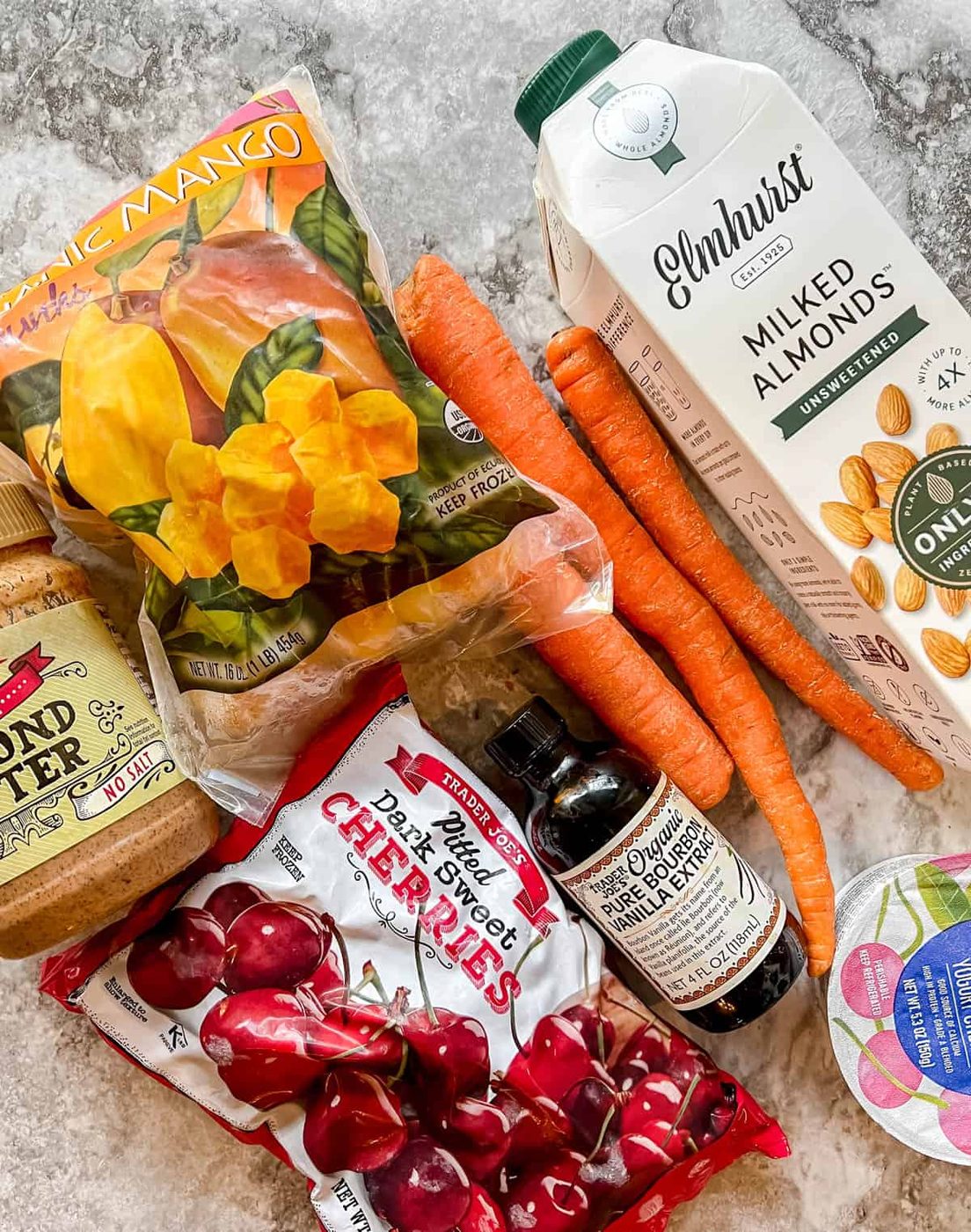 Ingredients needed to make this Cherry Mango Carrot Smoothie with Greek Yogurt.