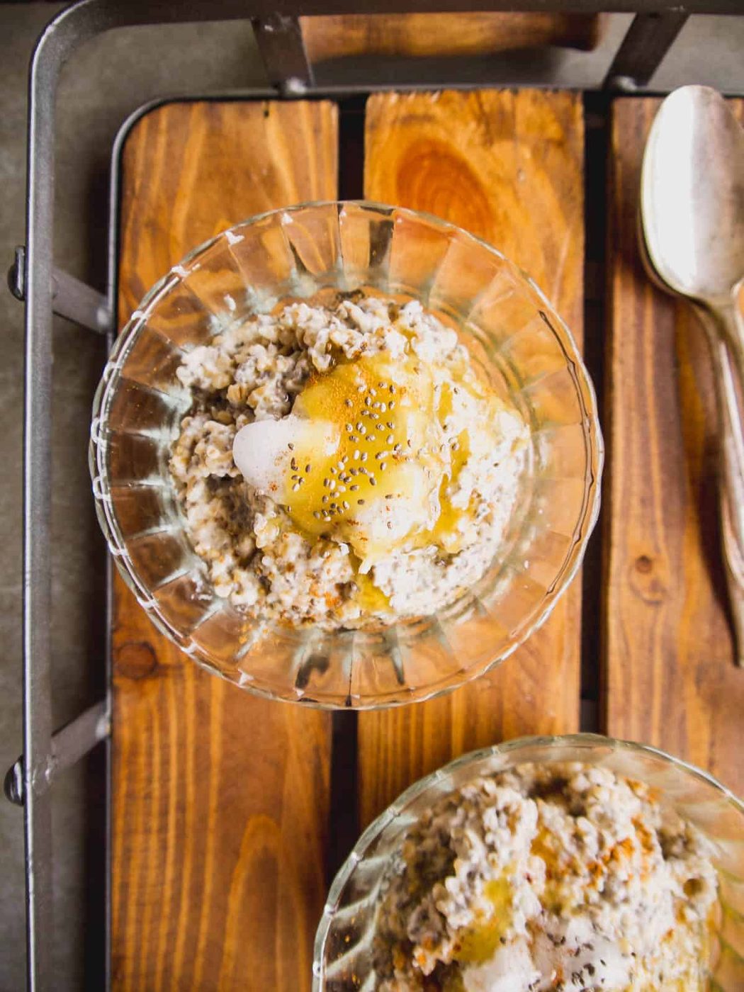 Steel cut oats with chia seeds and coconut oil in a bowl.