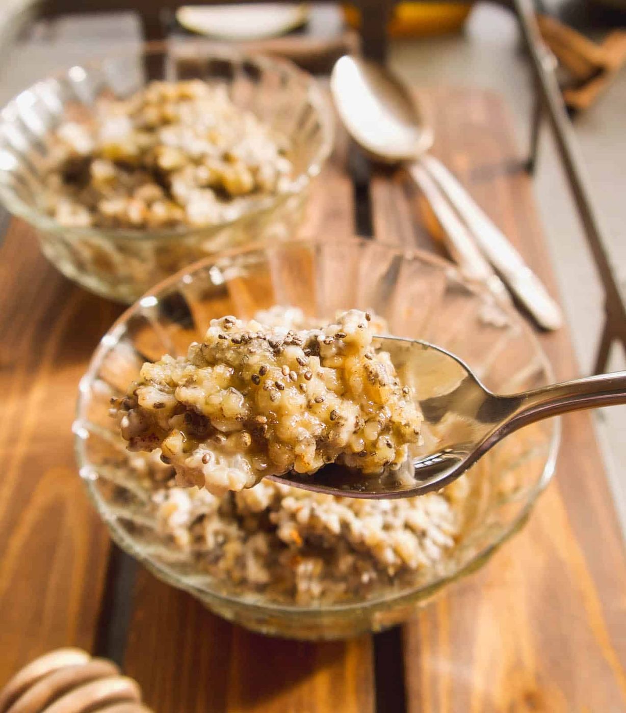 Steel cut oats with chia seeds and honey.