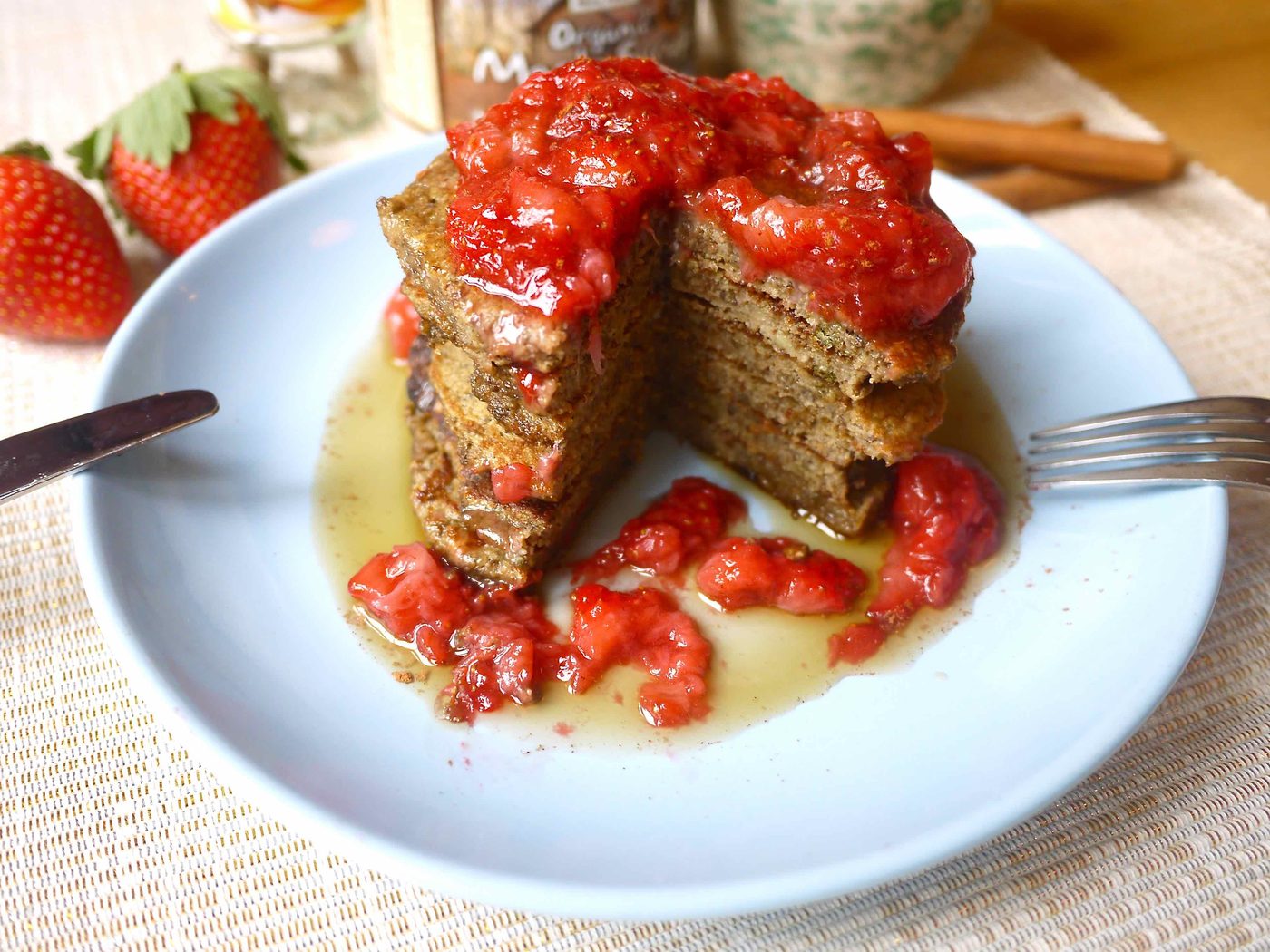 Chia Matcha Pancakes with Strawberry Maple Coulis (paleo, GF)