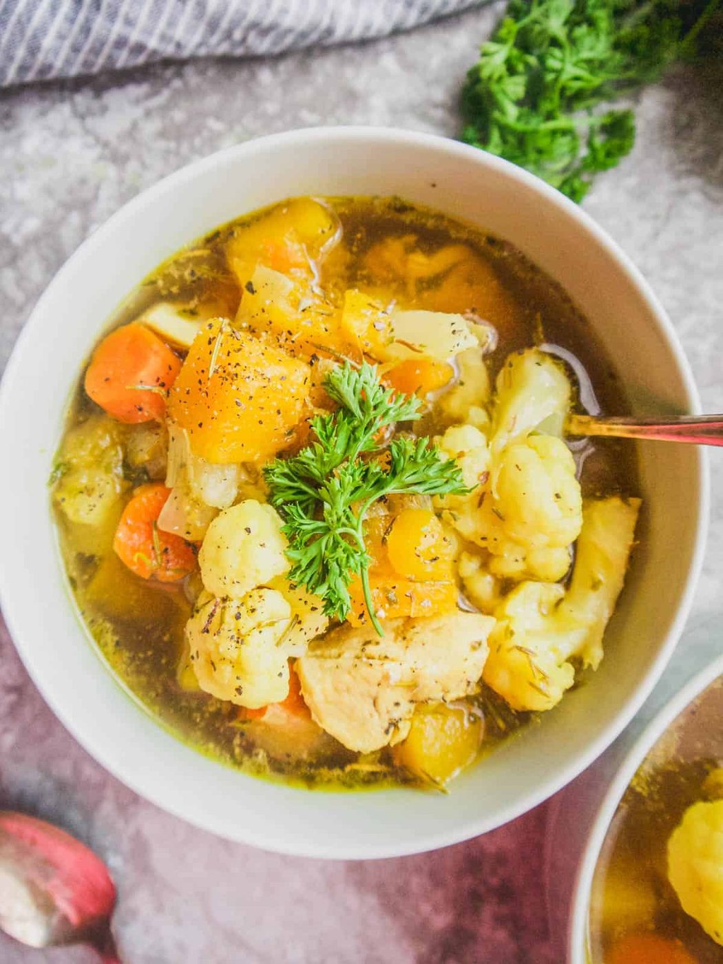 Potatoes, Butternut Squash, and Cauliflower: Chicken Soup