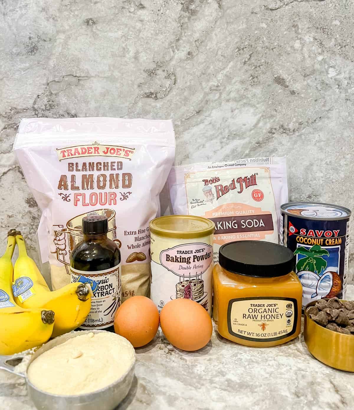 Ingredients needed to make Paleo Chocolate Chip Banana Bread.