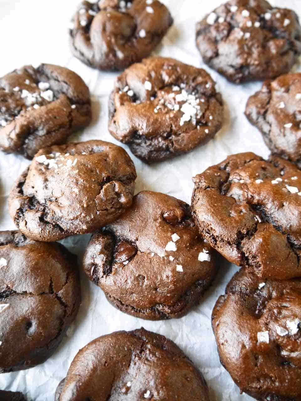 Freshly baked lighter double chocolate chip cookies.
