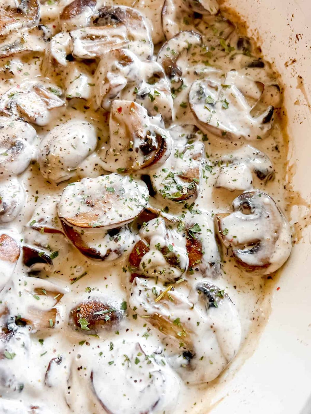 Vegan mushroom sauce in a frying pan.