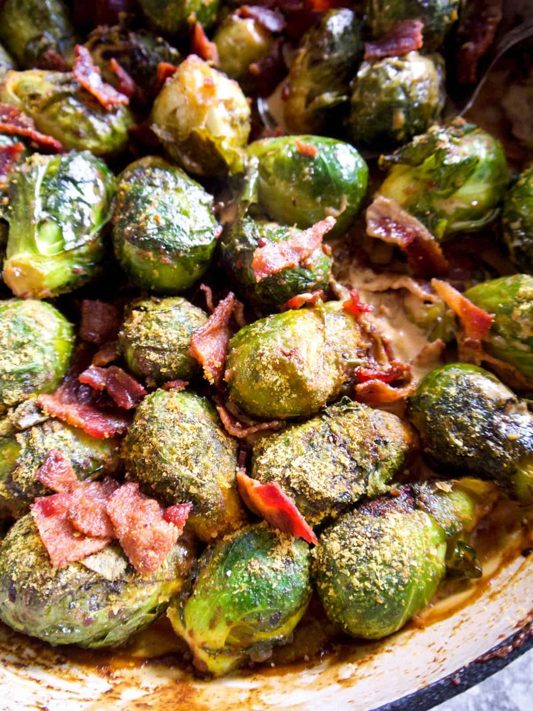 Brussel sprout casserole with bacon fresh out of the oven.