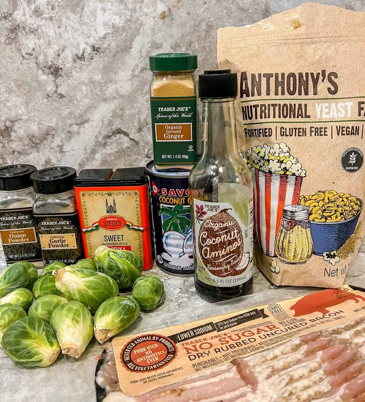 Ingredients needed to make dairy free Brussels sprouts casserole.