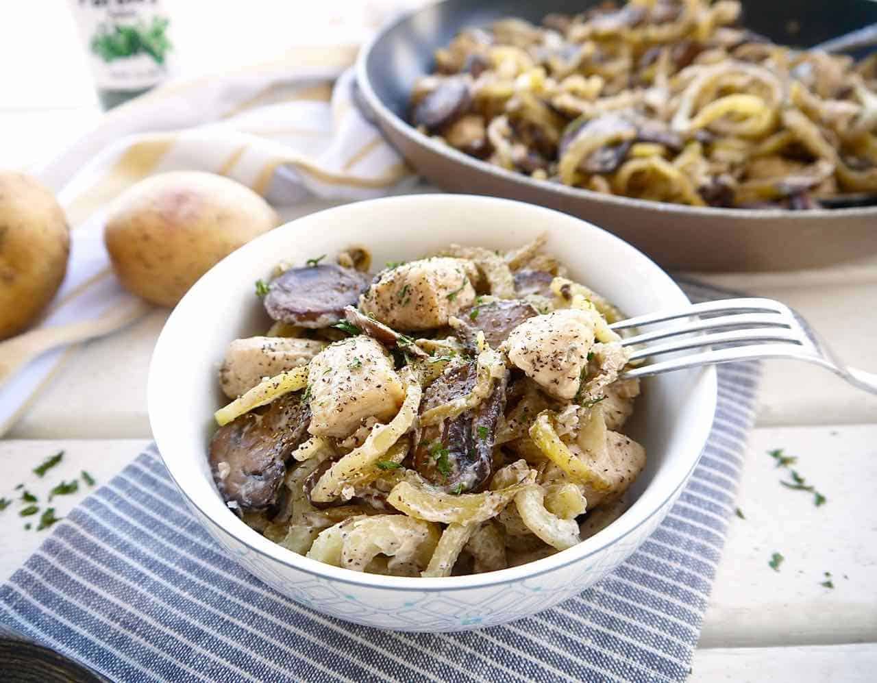 Mushroom, Chicken, and Spiralized Potatoes Casserole, Whole30, Paleo