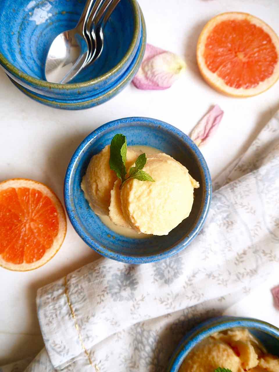 Dairy-free grapefruit sorbet in a bowl.