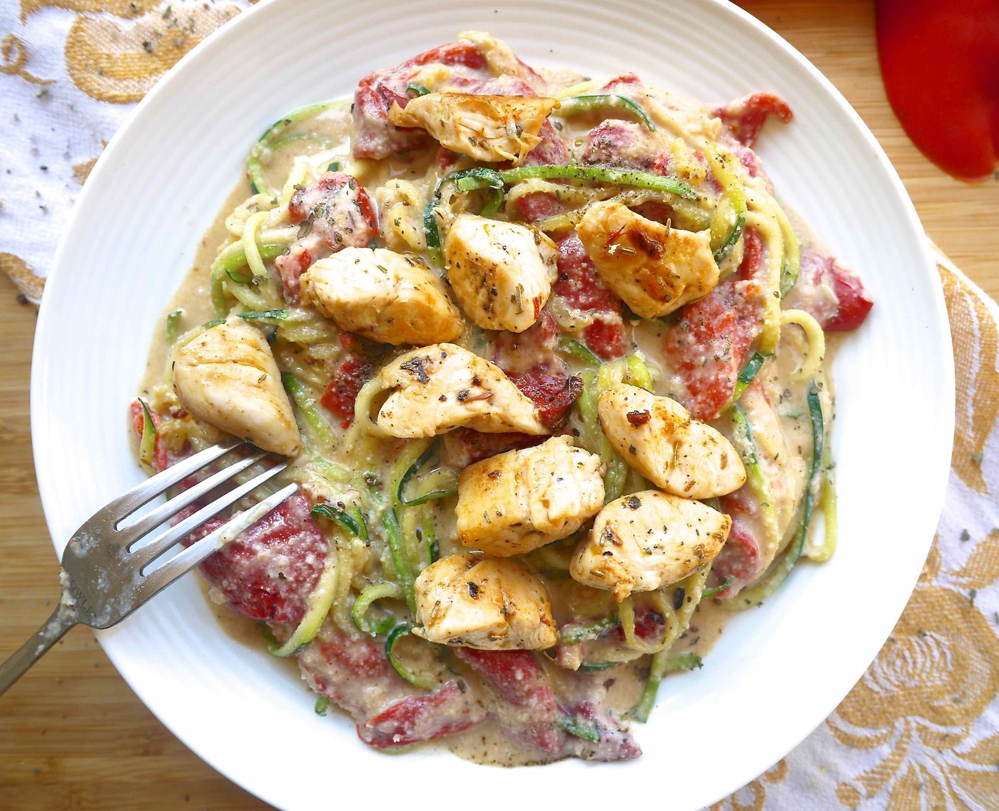 Creamy Roasted Red Pepper Sauce Chicken and Zoodles, Paleo, Gluten-free