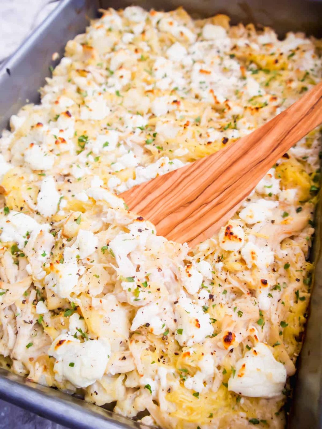 Spaghetti squash chicken casserole fresh out of the oven.