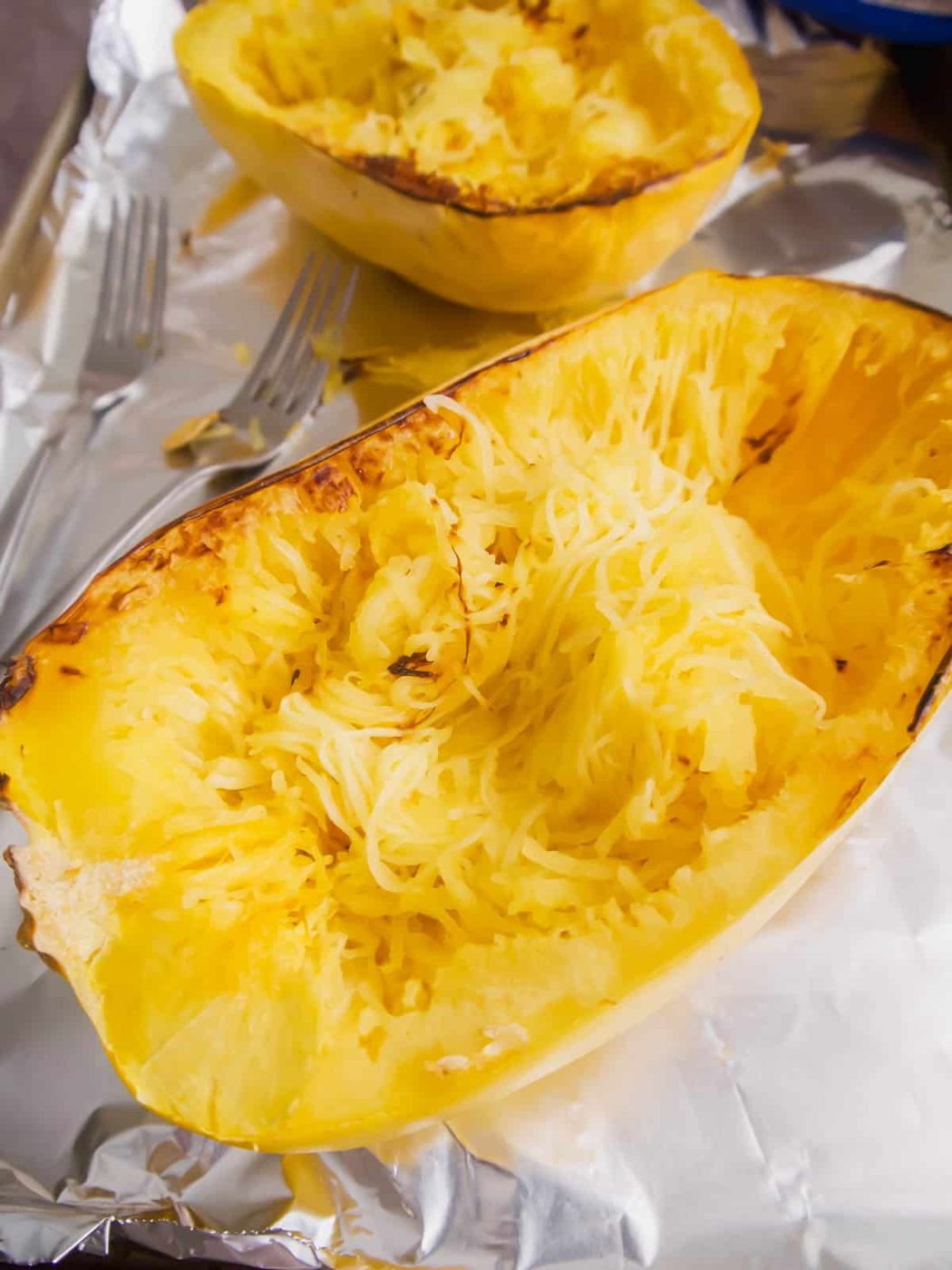Spaghetti squash baked in the oven.