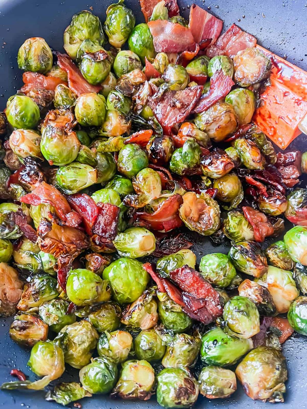 Maple syrup bacon brussel sprouts after cooking.