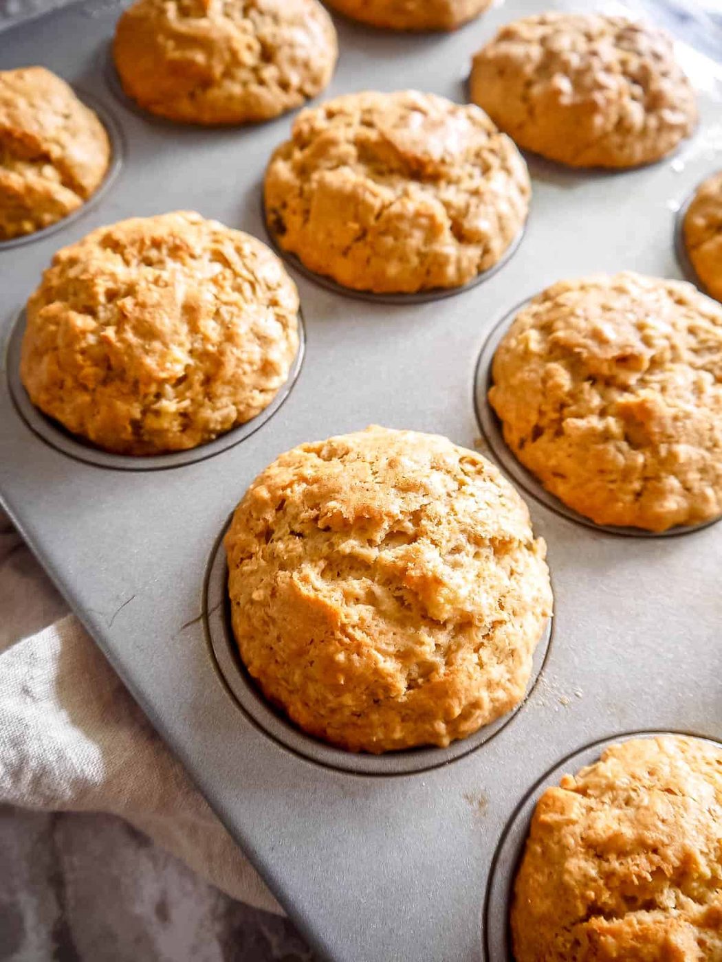 Lighter banana oatmeal muffins after baking.