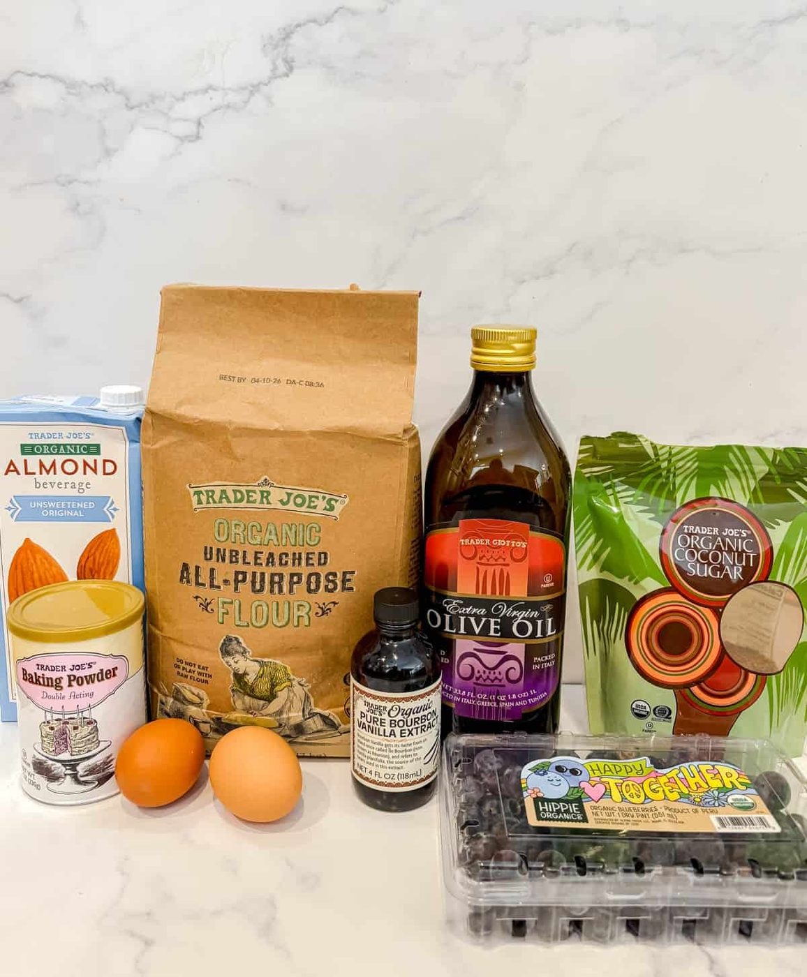 Ingredients needed to make dairy-free blueberry muffins.