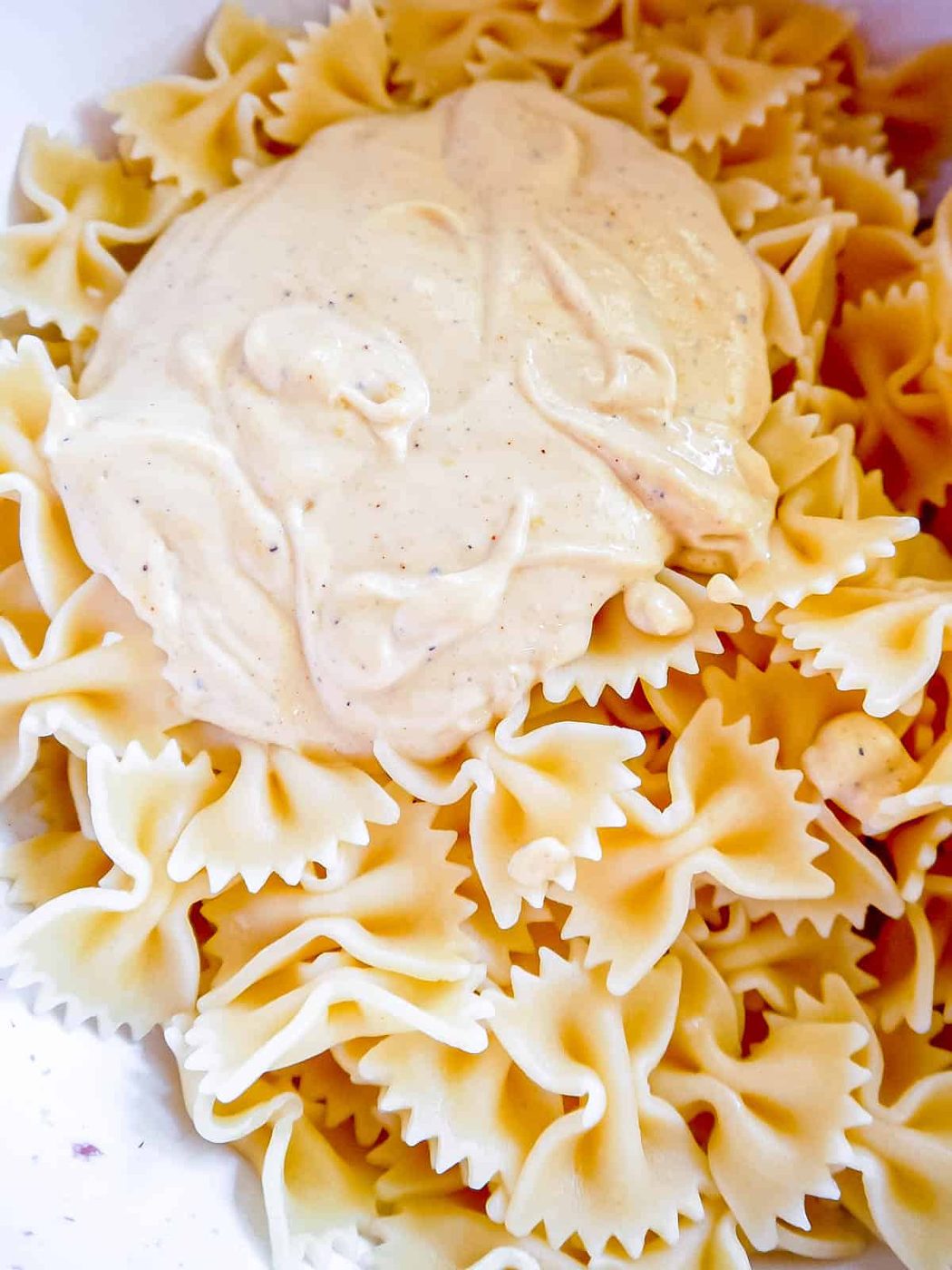 The sauce on top of the pasta.