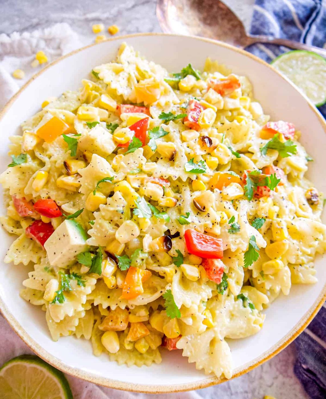Freshly made dairy free pasta salad with roasted corn.