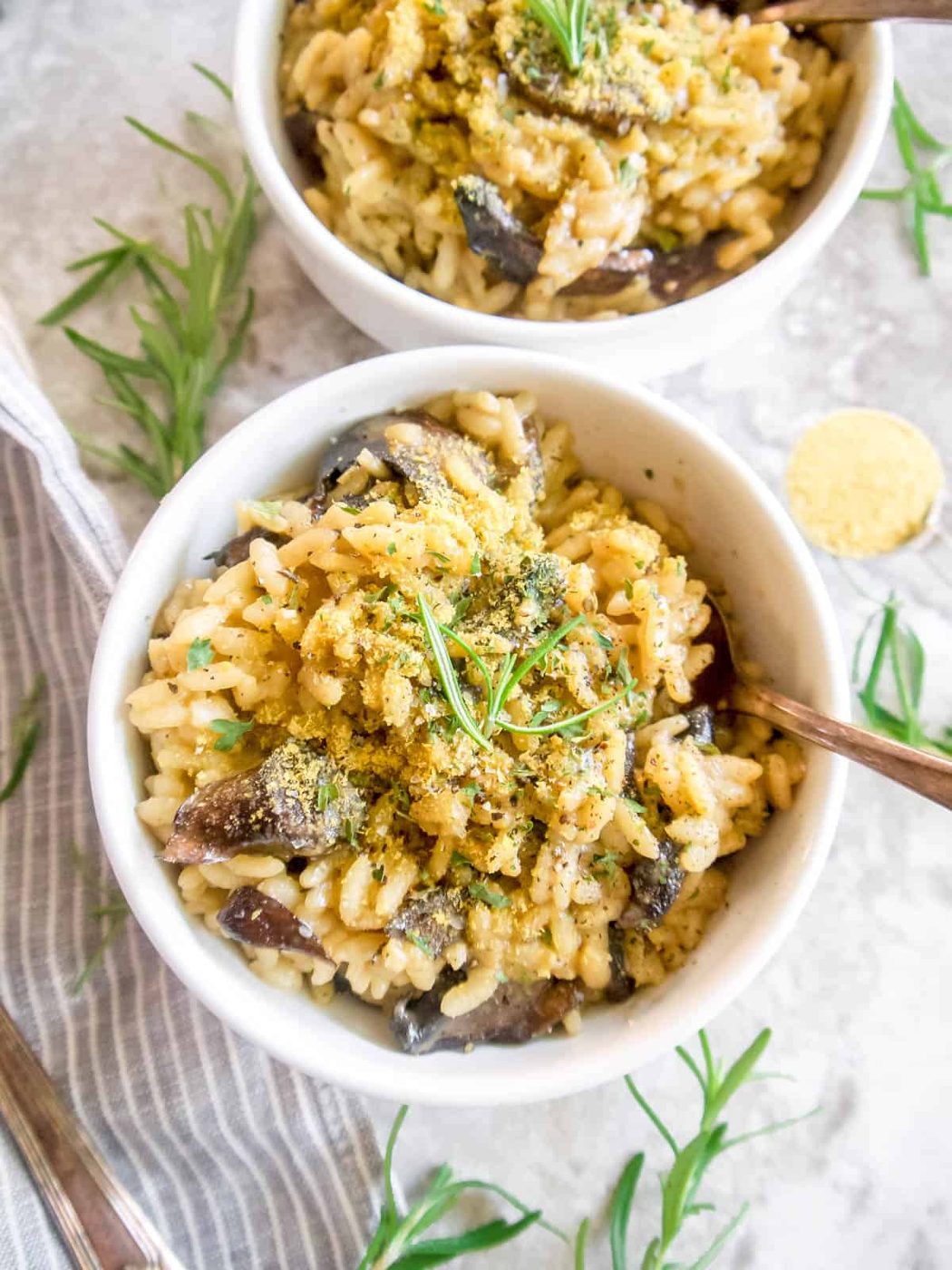 Dairy free risotto in bowls, aerial view.