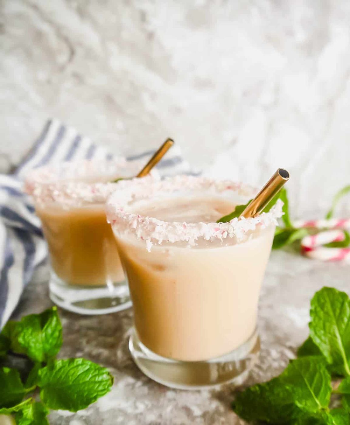 Two glasses of mint white russians.