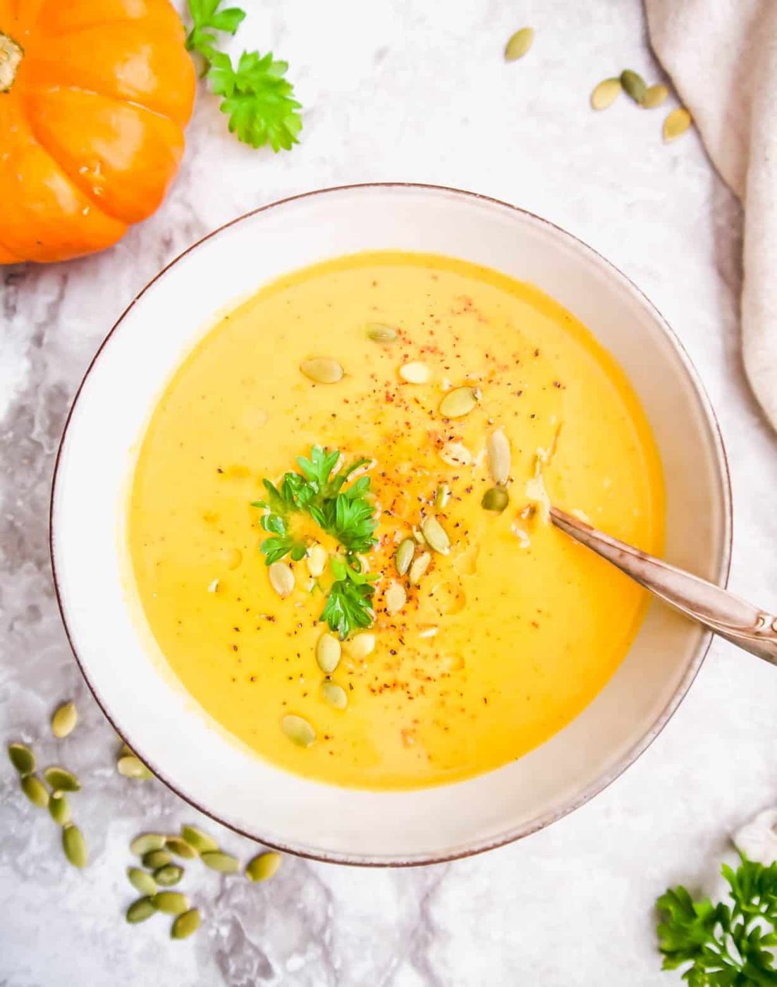 Pumpkin soup from canned pumpkin in a bowl.