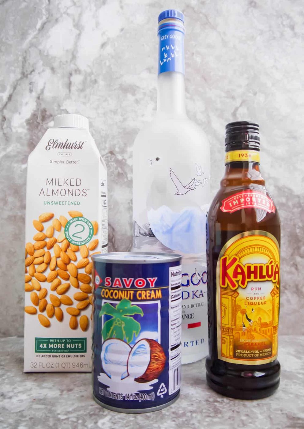 Ingredients needed to make dairy-free White Russian.