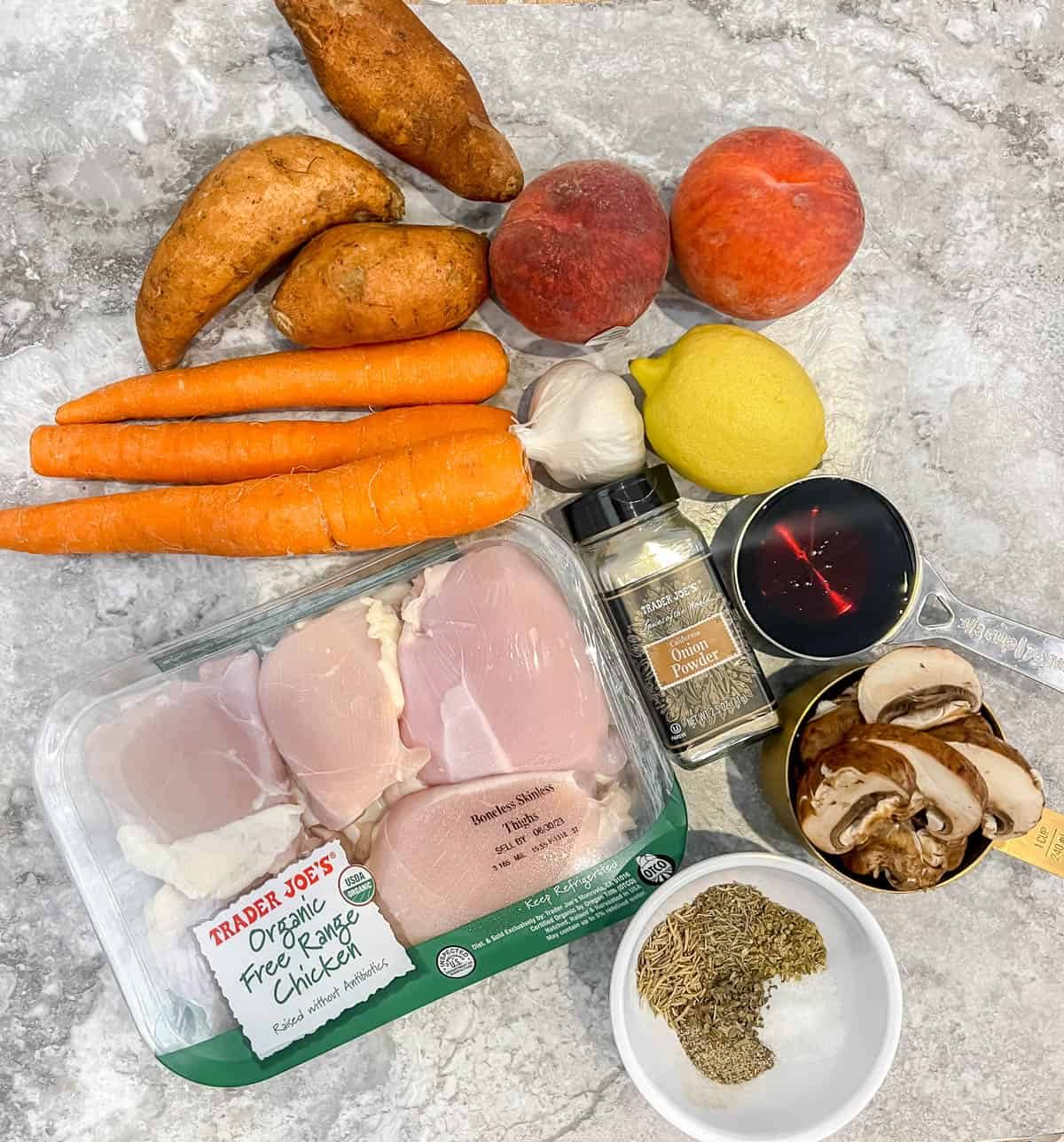 Ingredients needed to make peach chicken.
