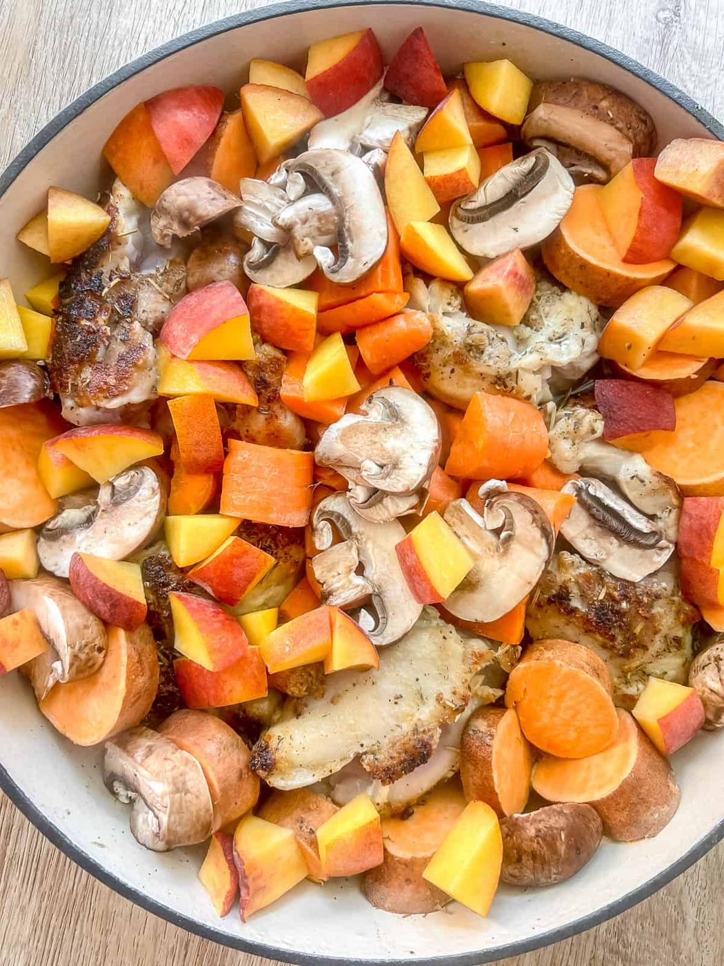 All the fruits and veggies added to the pan.